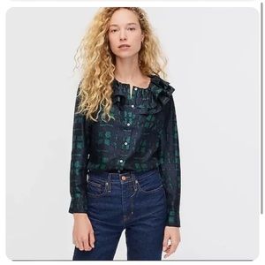 J.Crew Collection silk twill ruffle-collar top in plaid Size S